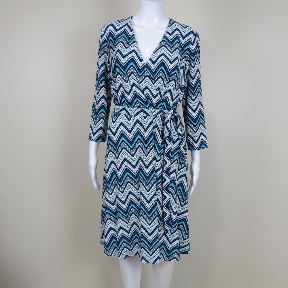 STUDIO ONE Dress Chevron Print, Waist Tie, Lined SIZE 10 Blue